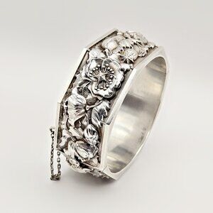 Vintage 1940s Topázio Portuguese Sterling Clamp Cuff Braceletw/ Safety Chain